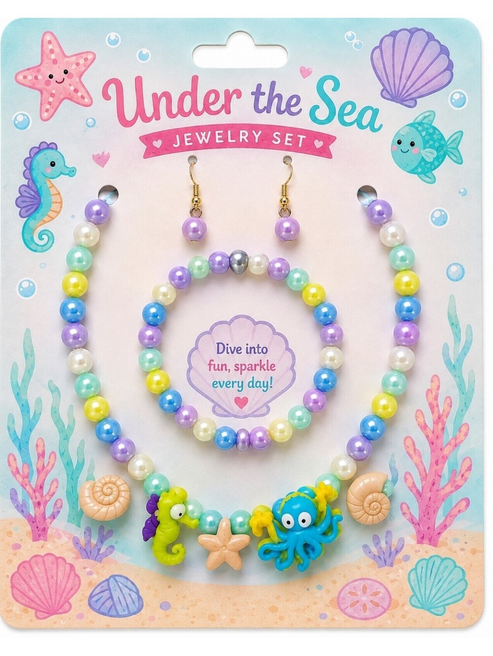 Seahorse Star Fish Conch Octopus Seashell Beach Necklace Earrings Bracelet Set